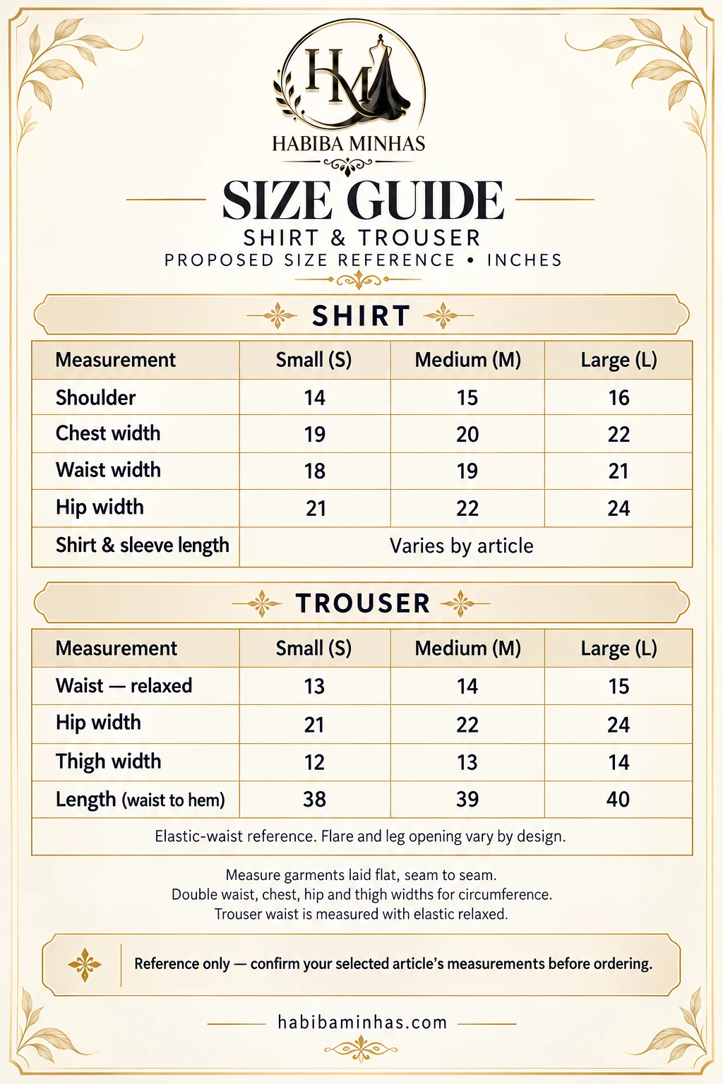 Habiba Minhas size guide — shirt and trouser measurements in inches for Small, Medium and Large