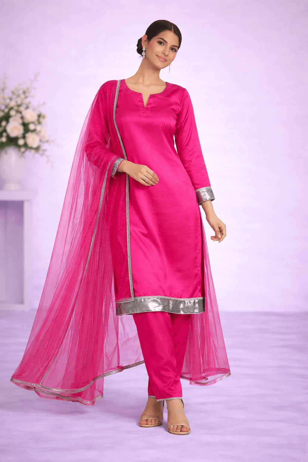 Rose Jewel – 3-Piece Stitched Silk Suit with Silver Metallic Trim — view 4