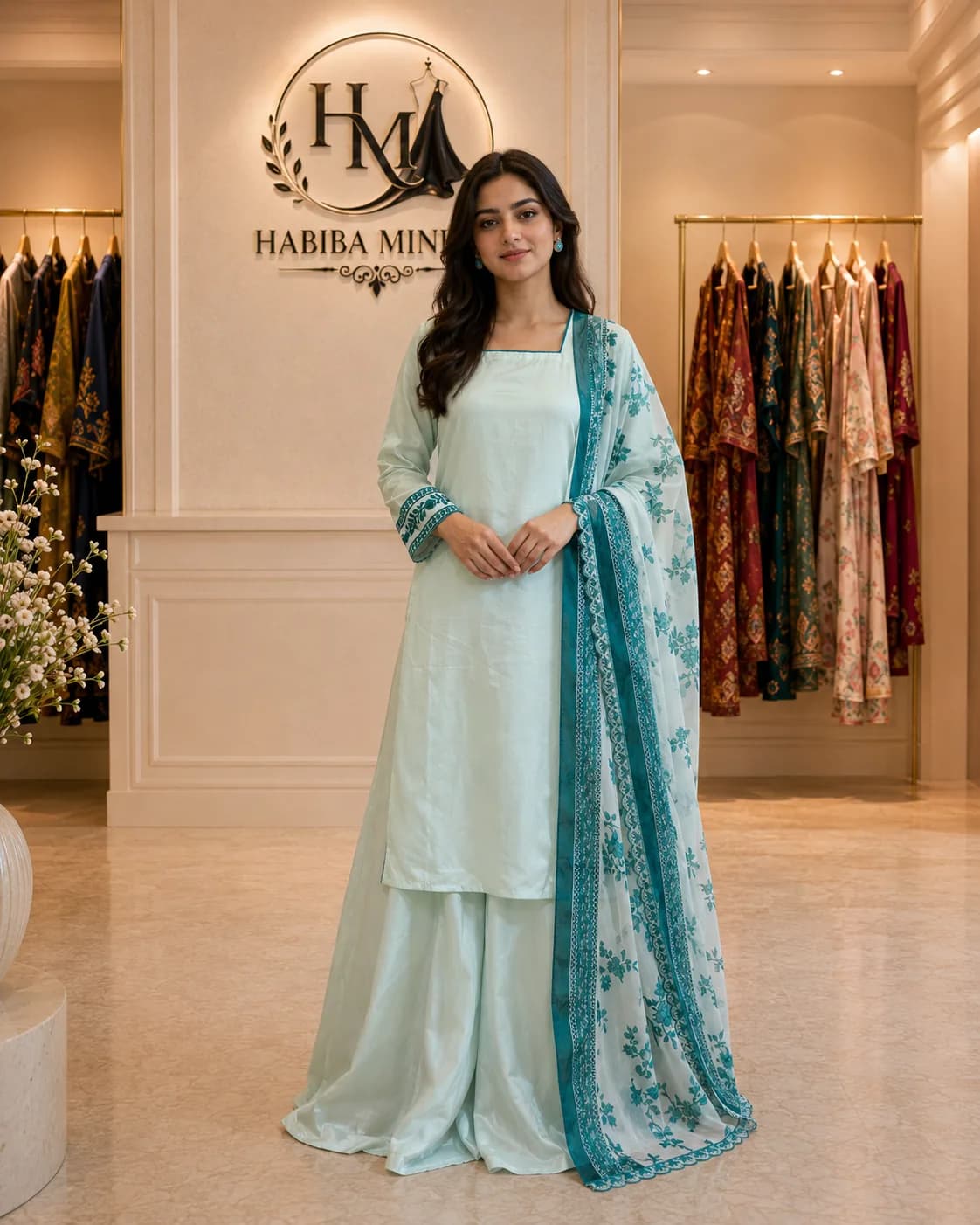 Aqua Mist – 3-Piece Stitched Aqua Silk Suit with Embroidered Sleeves and Teal-Bordered Chiffon Dupatta
