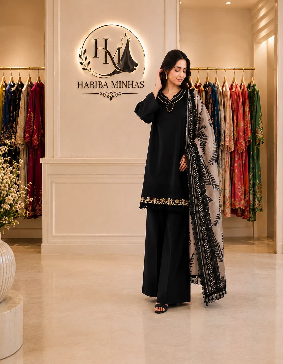Midnight Gold – 3-Piece Black Suit with Gold Embroidery and Printed Dupatta