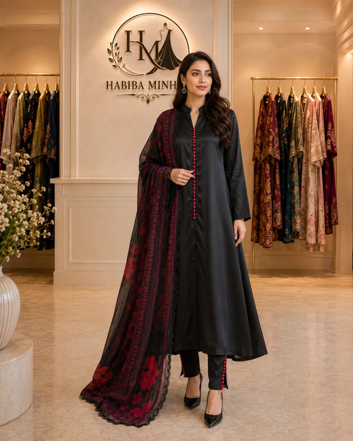 Noir Ruby – 3-Piece Stitched Black Silk Maxi Suit with Red Buttons and Red-Bordered Chiffon Dupatta