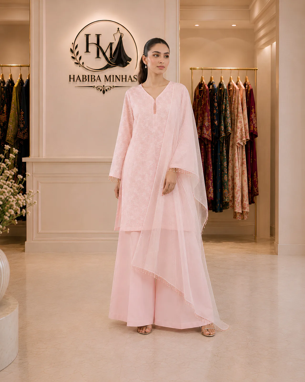 Pink Paradise – 4-Piece Stitched Blush Suit with Organza Dupatta and Flared Trousers