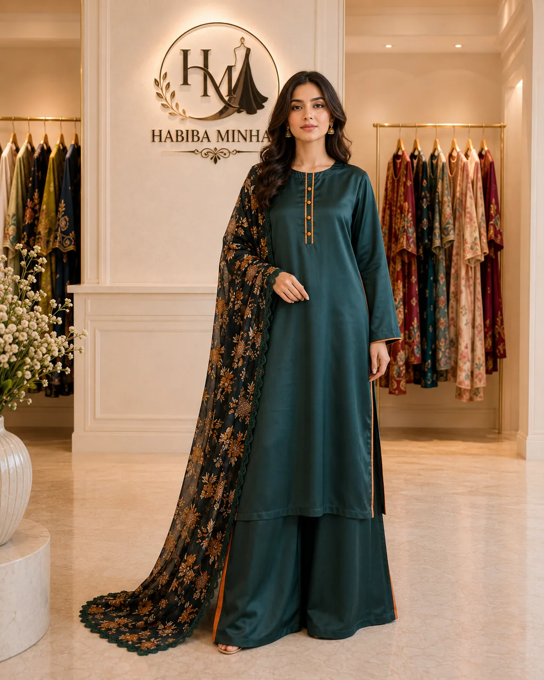 Forest Saffron – 3-Piece Stitched Bottle Green Silk Suit with Mustard Piping and Lace-Edged Chiffon Dupatta