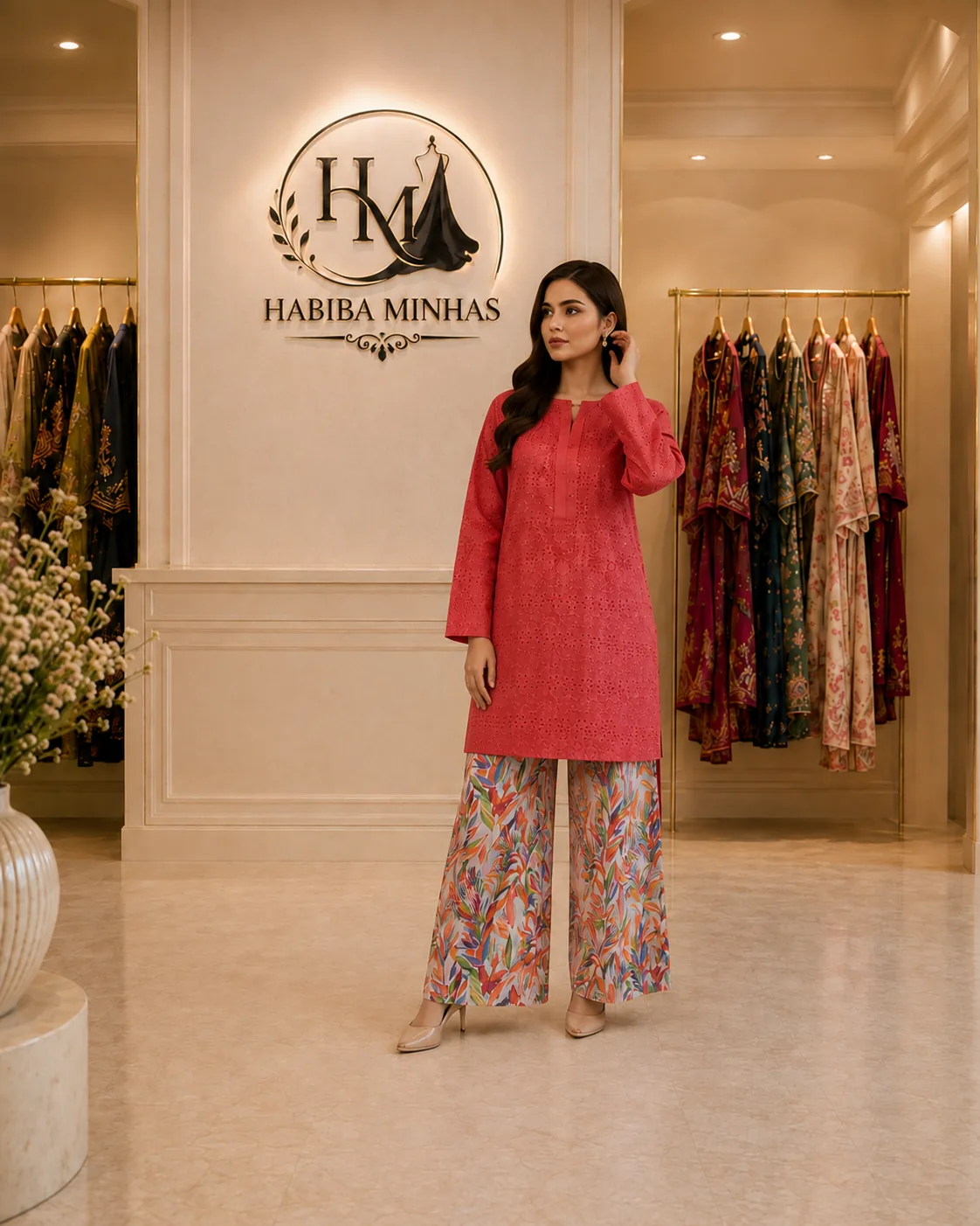 Coral Lattice – 2-Piece Chikankari Suit with Digital Print Trousers