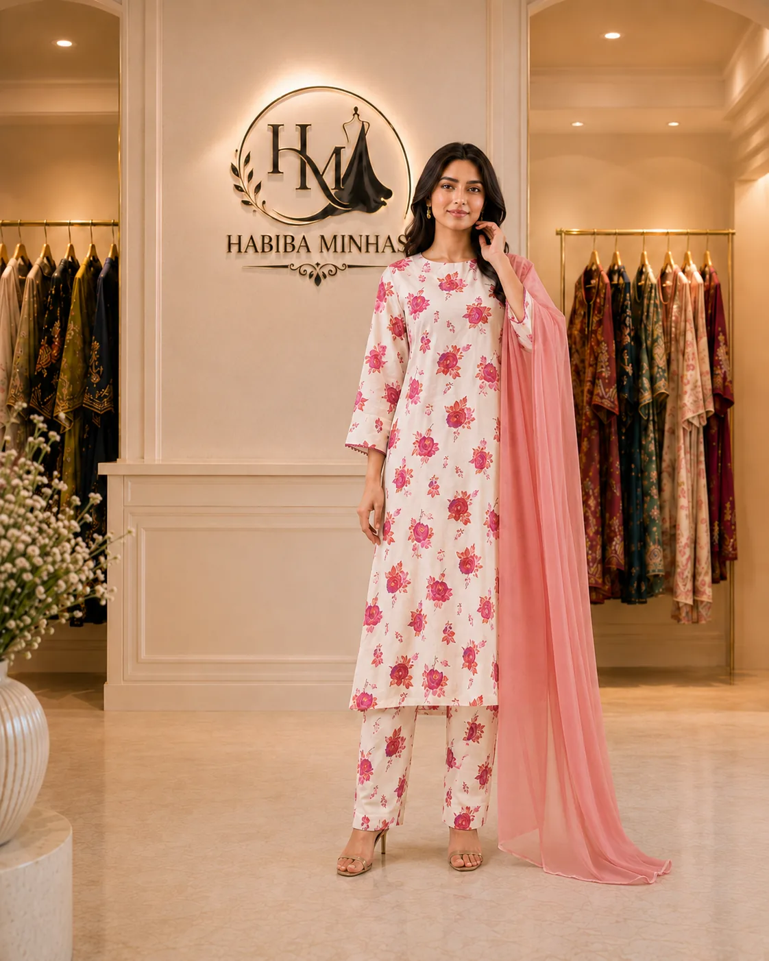 Blush Bouquet – 3-Piece Stitched Cotton Suit with Pink Rose Print