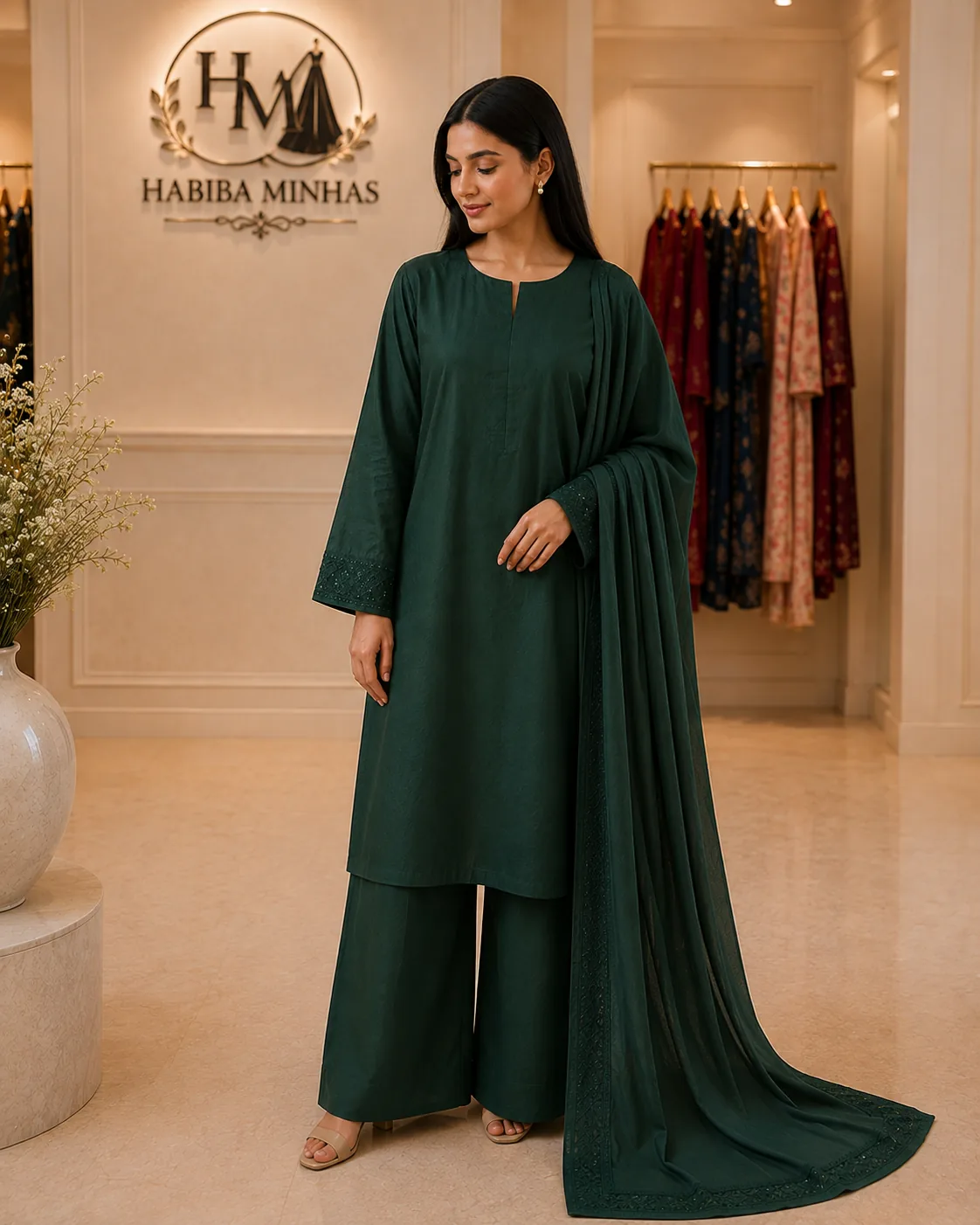 Emerald Grace – 3-Piece Stitched Cotton Suit with Embroidered Cuffs and Chiffon Dupatta