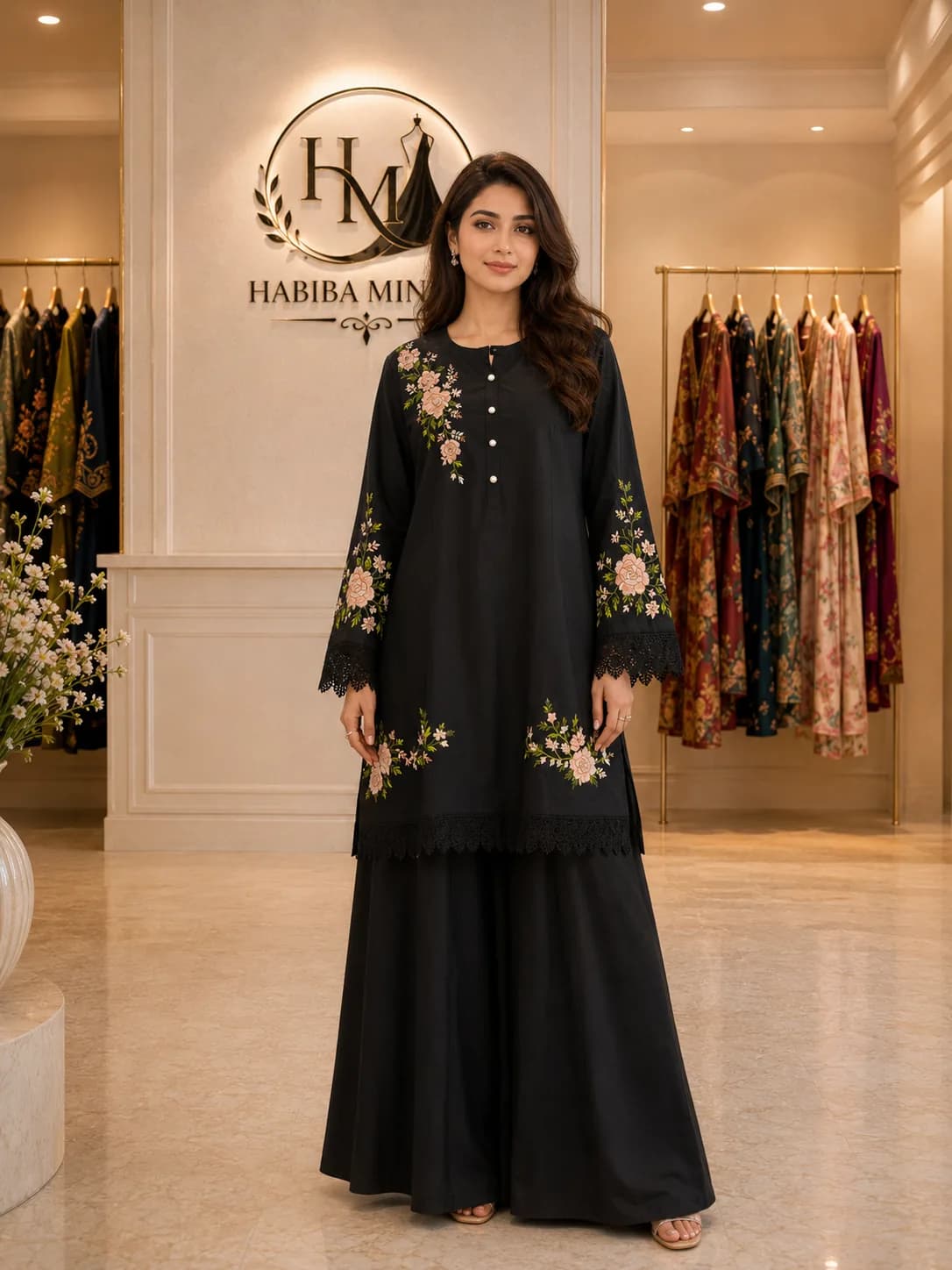 Midnight Rose – 2-Piece Stitched Lawn Suit with Embroidered Neckline and Scalloped Lace Hem