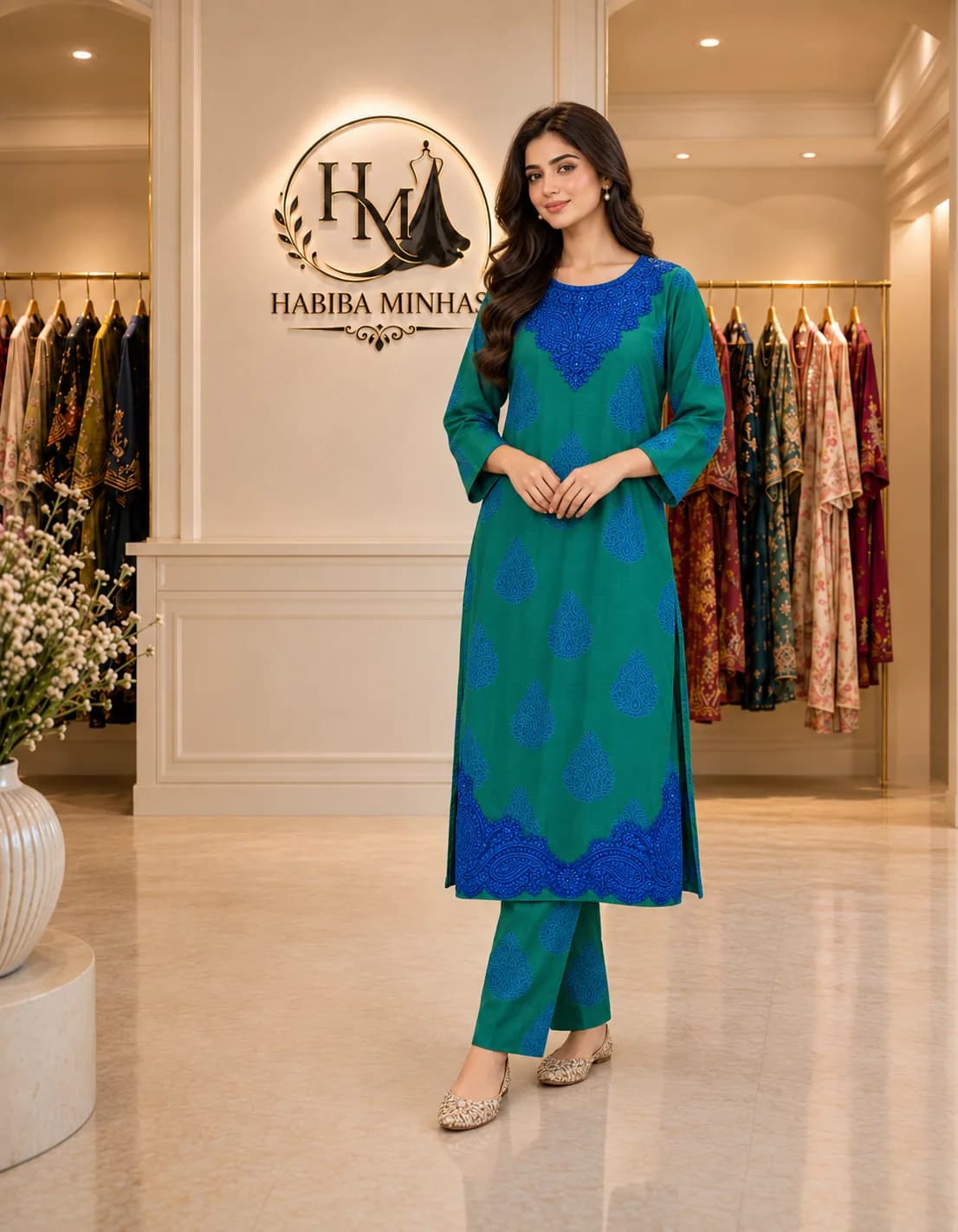 Emerald Paisley – 2-Piece Stitched Winter Cotton Suit with Royal Blue Embroidered Neckline and Border