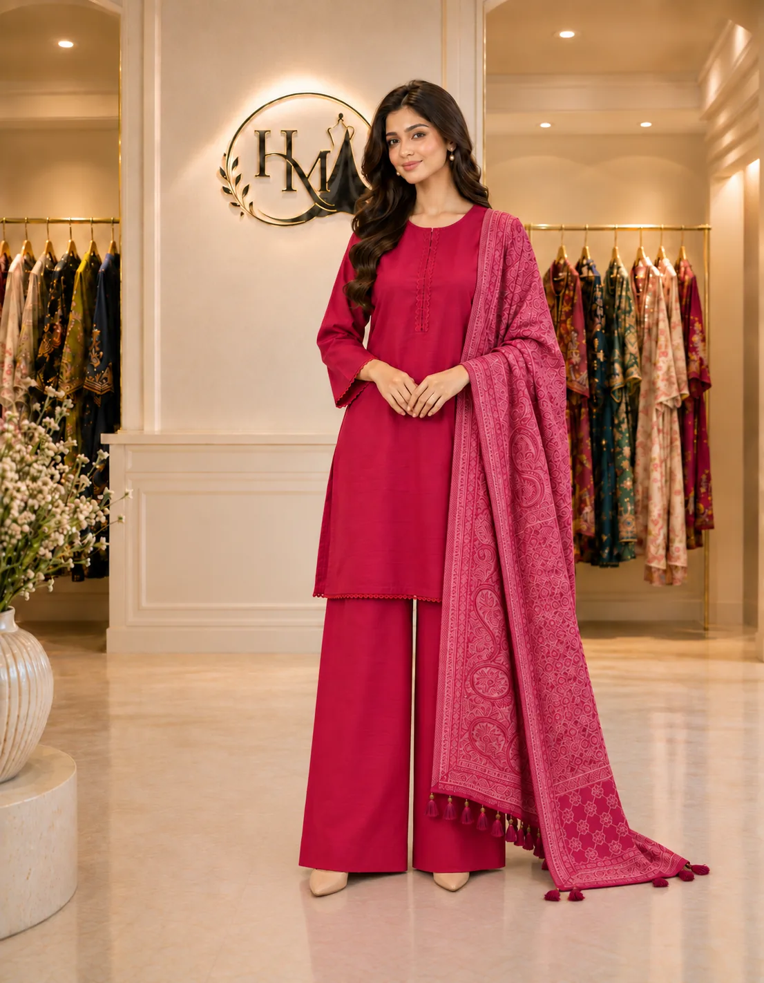 Fuchsia Paisley – Hot Pink Wool Shawl with Tone-on-Tone Self Embroidery and Tassels