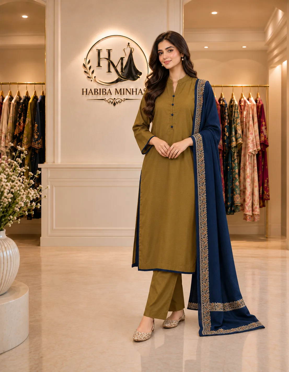 Mustard Midnight – 3-Piece Stitched Marina Suit with Navy Piping and Navy Wool Shawl