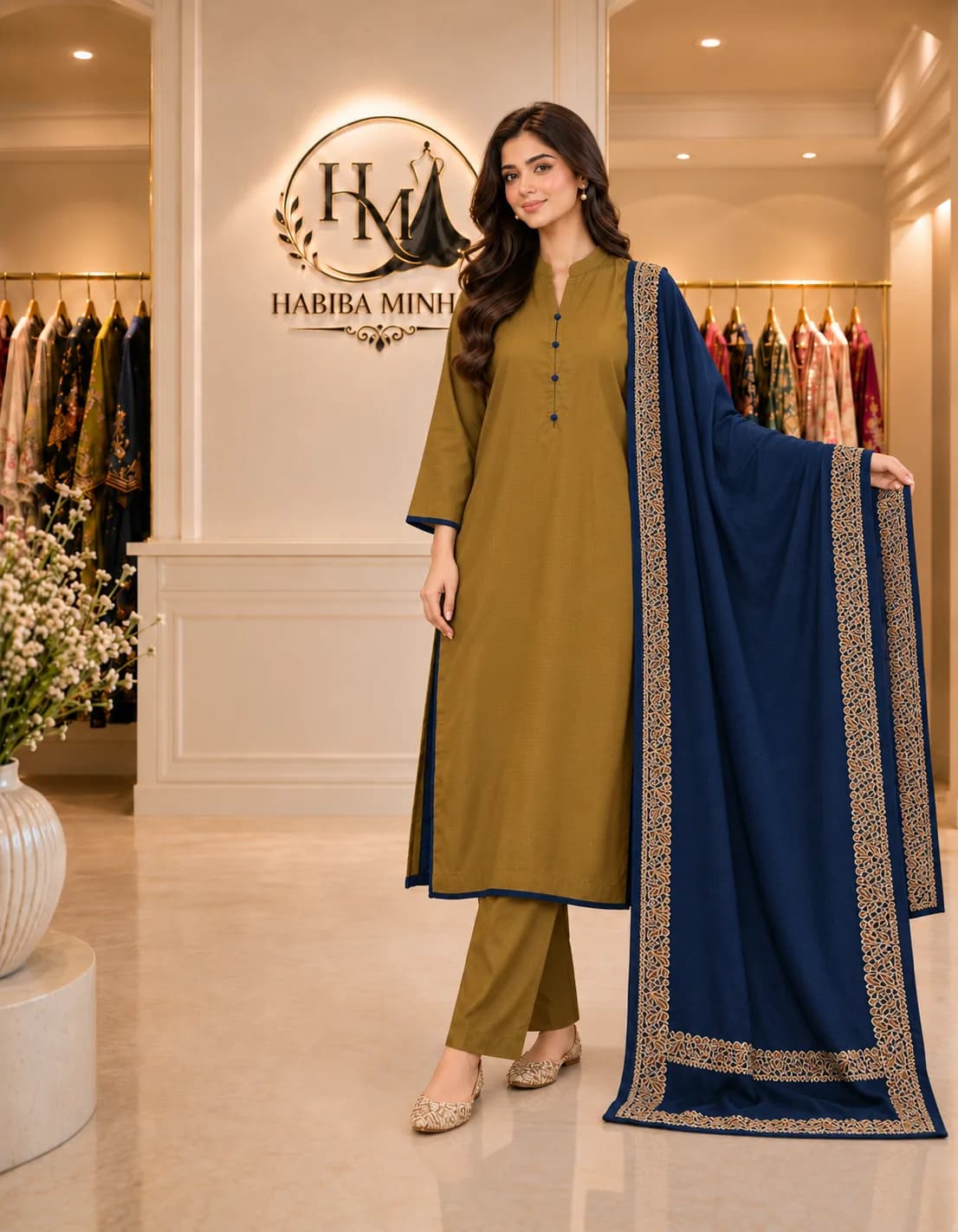 Royal Navy – Navy Wool Shawl with Wide Gold-Toned Border on All Four Sides