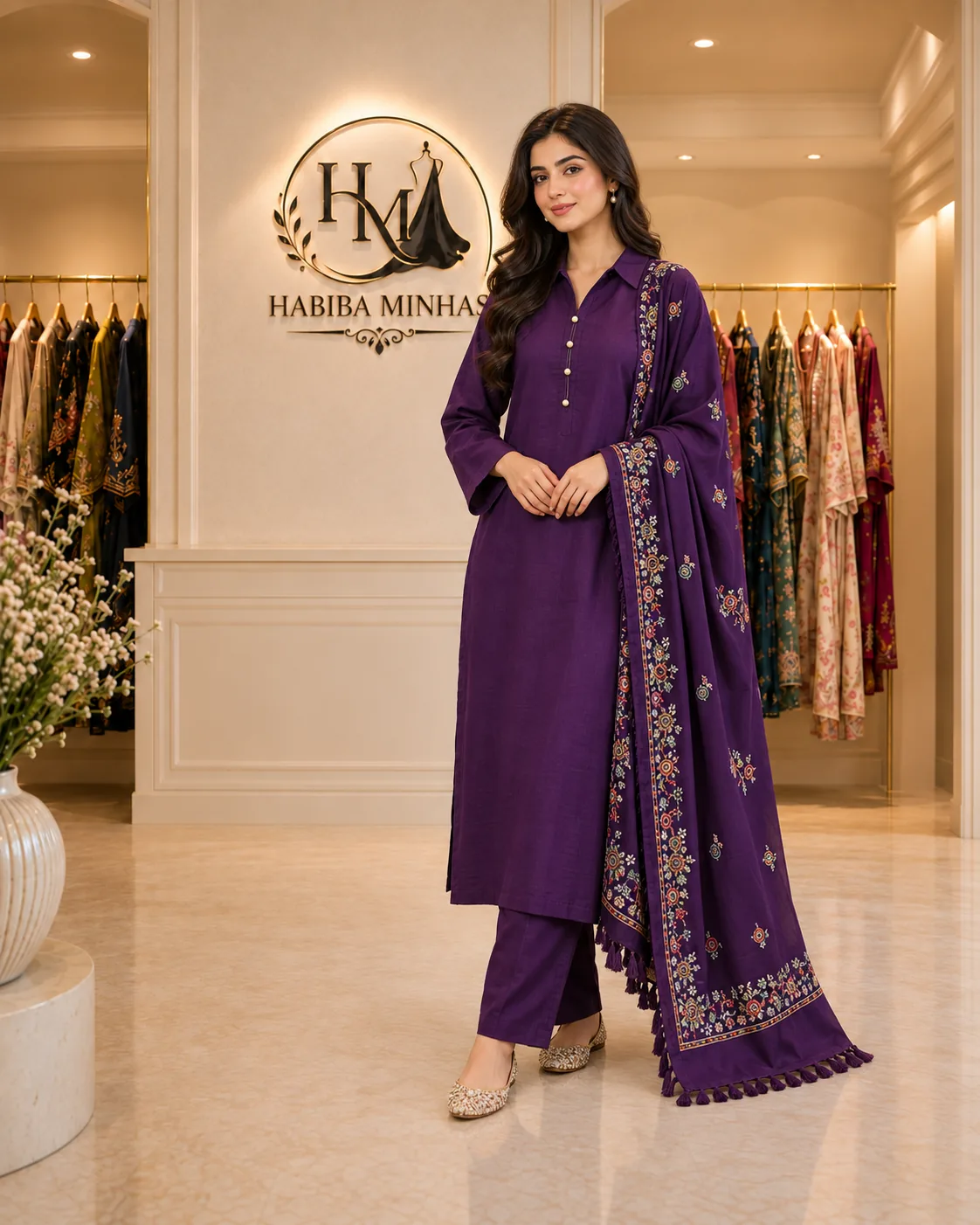 Plum Blossom – 3-Piece Stitched Cambric Suit with Embroidered Marina Shawl