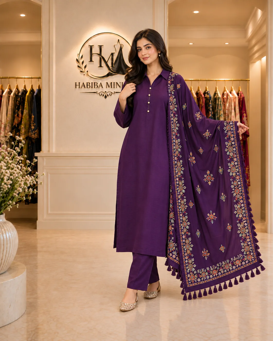 Plum Garland – Embroidered Khaddar Shawl in Deep Plum with Multicolour Floral Border and Tassels