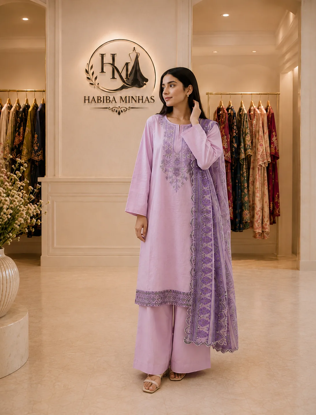 Lilac Meadow – 3-Piece Hand-Embroidered Cotton Suit with Printed Dupatta