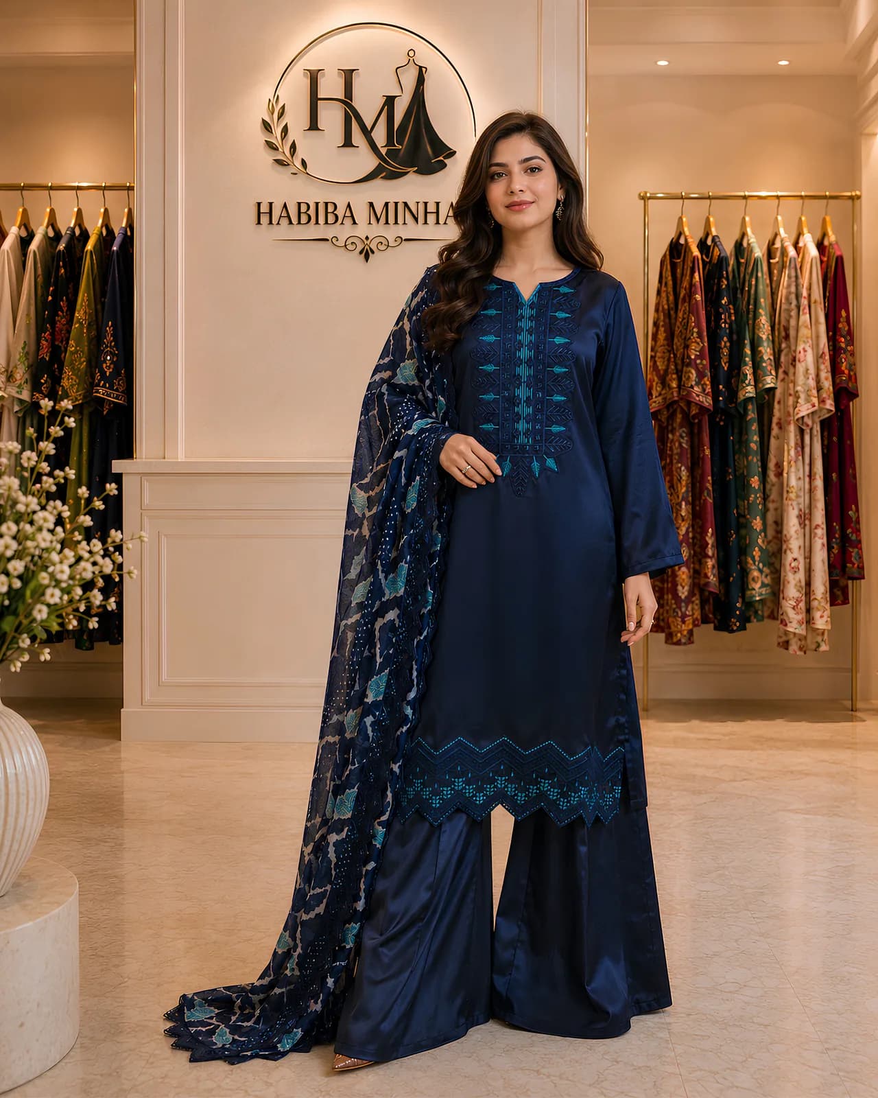 Navy Lagoon – 3-Piece Stitched Silk Suit with Teal Embroidery and Lace-Edged Chiffon Dupatta