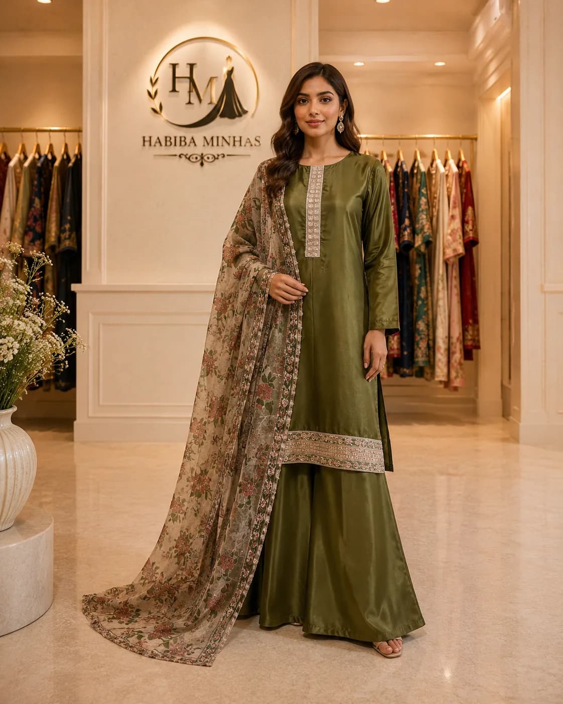 Olive Rosewood – 3-Piece Stitched Silk Suit with Neck and Border Embroidery and Floral Chiffon Dupatta