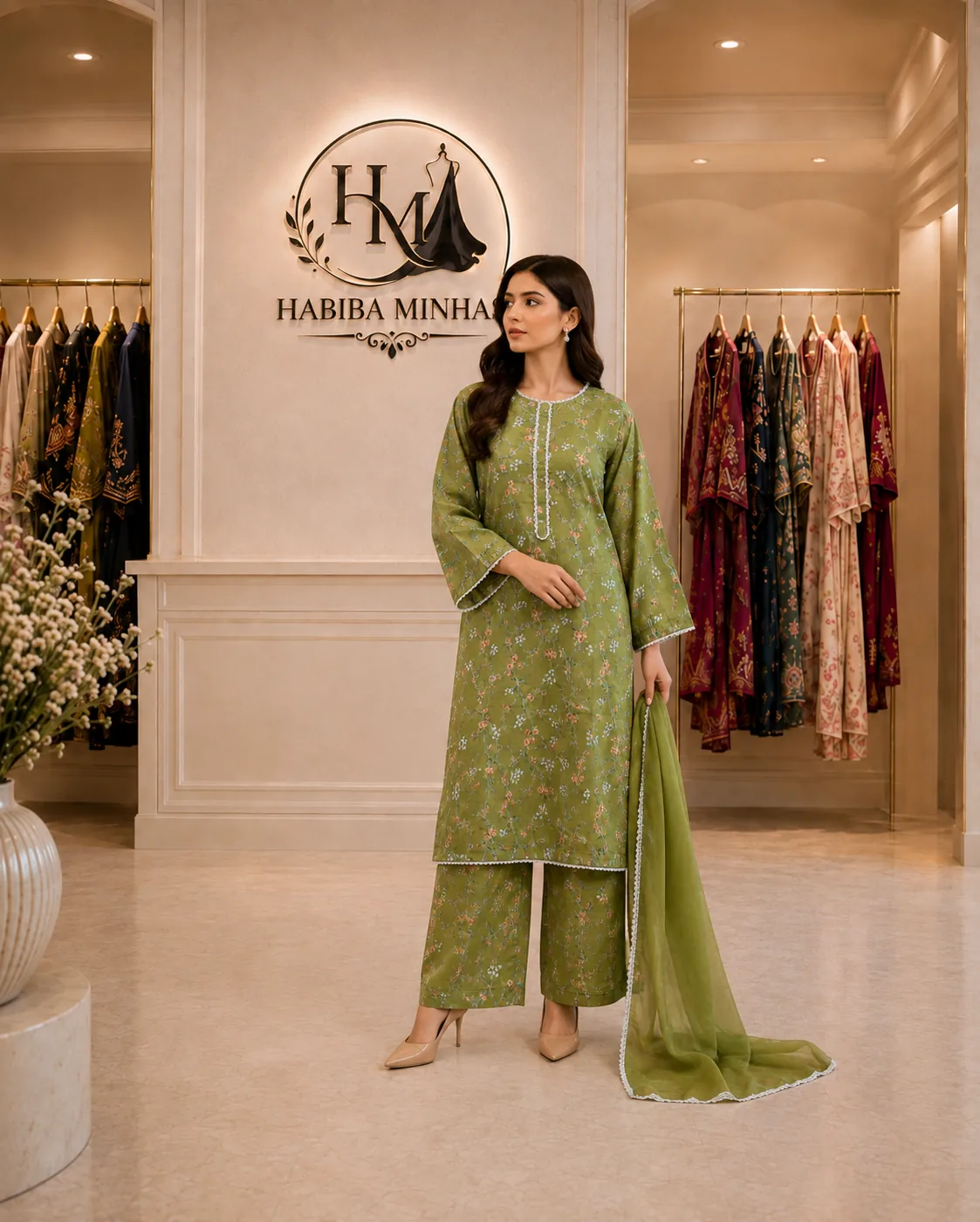 Mehndi Bloom – 3-Piece Stitched Lawn Suit with Lace Trim and Chiffon Dupatta