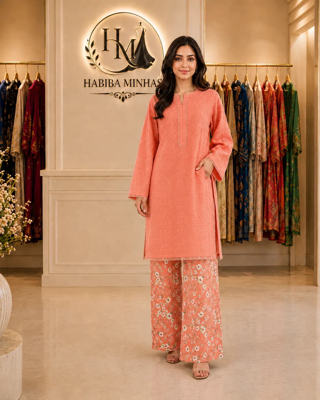 Apricot Weave – 2-Piece Cross-Stitch Embroidered Suit with Printed Trousers