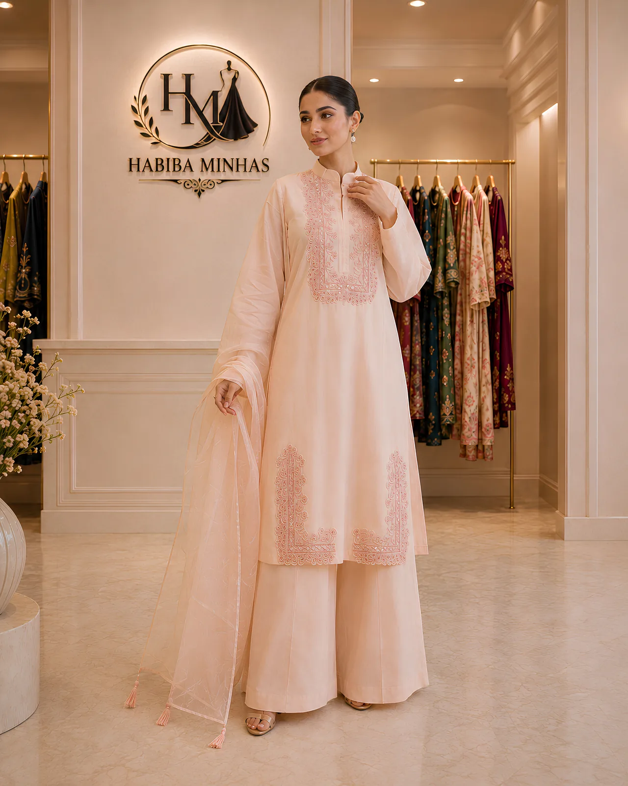 Peach Sorbet – 3-Piece Stitched Suit with Embroidered Yoke and Organza Dupatta