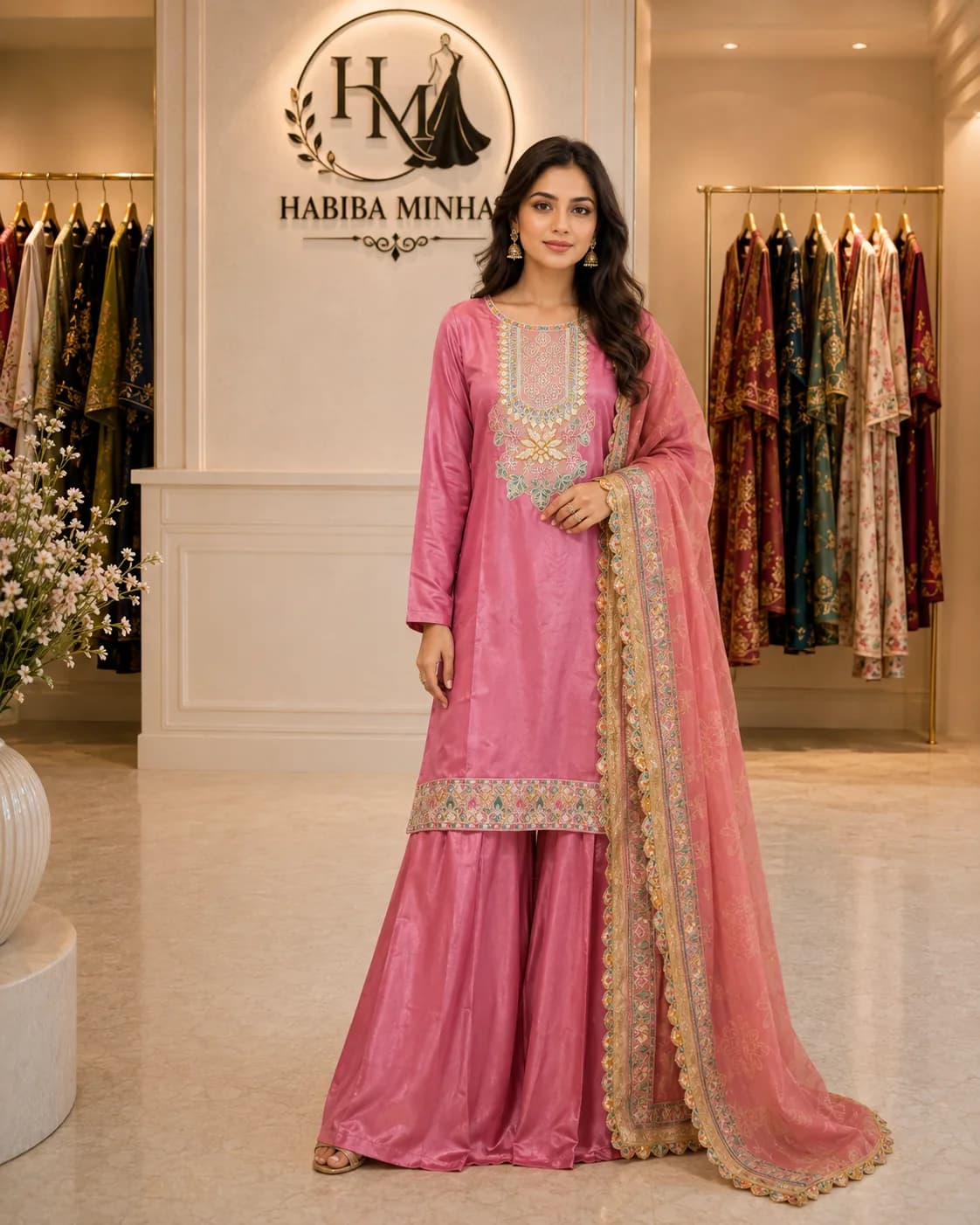 Rose Quartz – 3-Piece Stitched Pink Silk Suit with Embroidered Yoke and Chiffon Dupatta