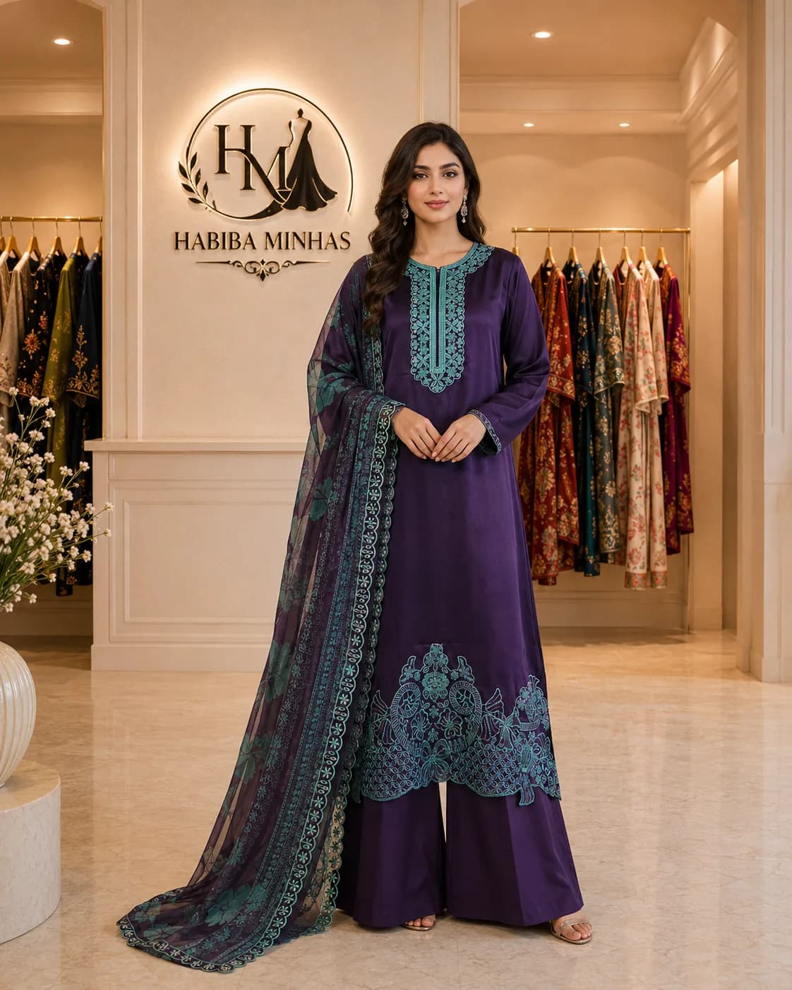 Peacock Plum – 3-Piece Stitched Purple Silk Suit with Teal Neck and Border Embroidery