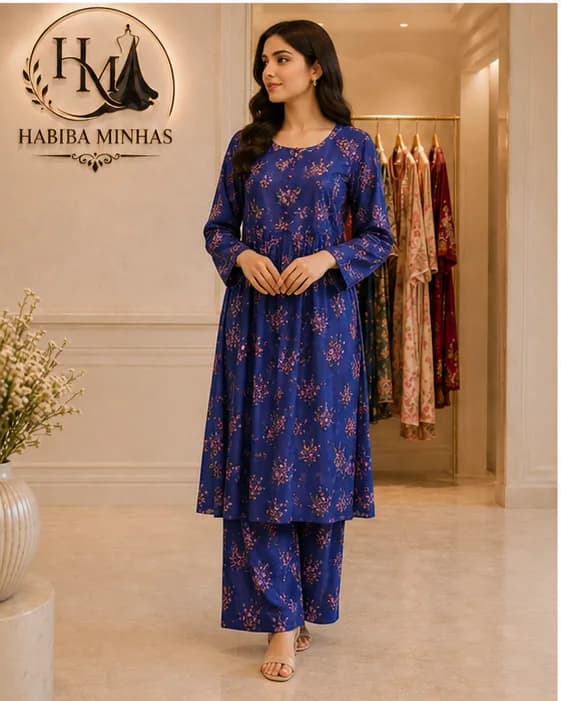 Midnight Blossom – 2-Piece Stitched Cotton Frock Suit with Pink Floral Print