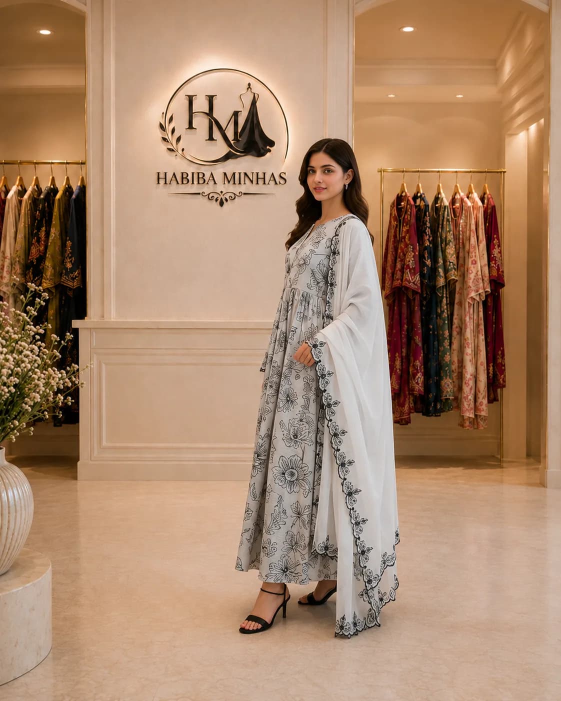 Ink Blossom – 2-Piece Chiffon Frock with Embroidered Net Dupatta