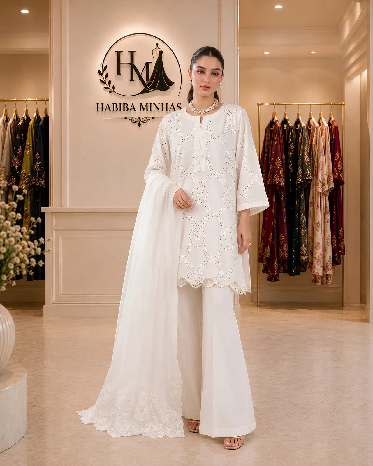 White Jasmine – 3-Piece Chikankari Cutwork Suit with Scalloped Hem and Organza Dupatta