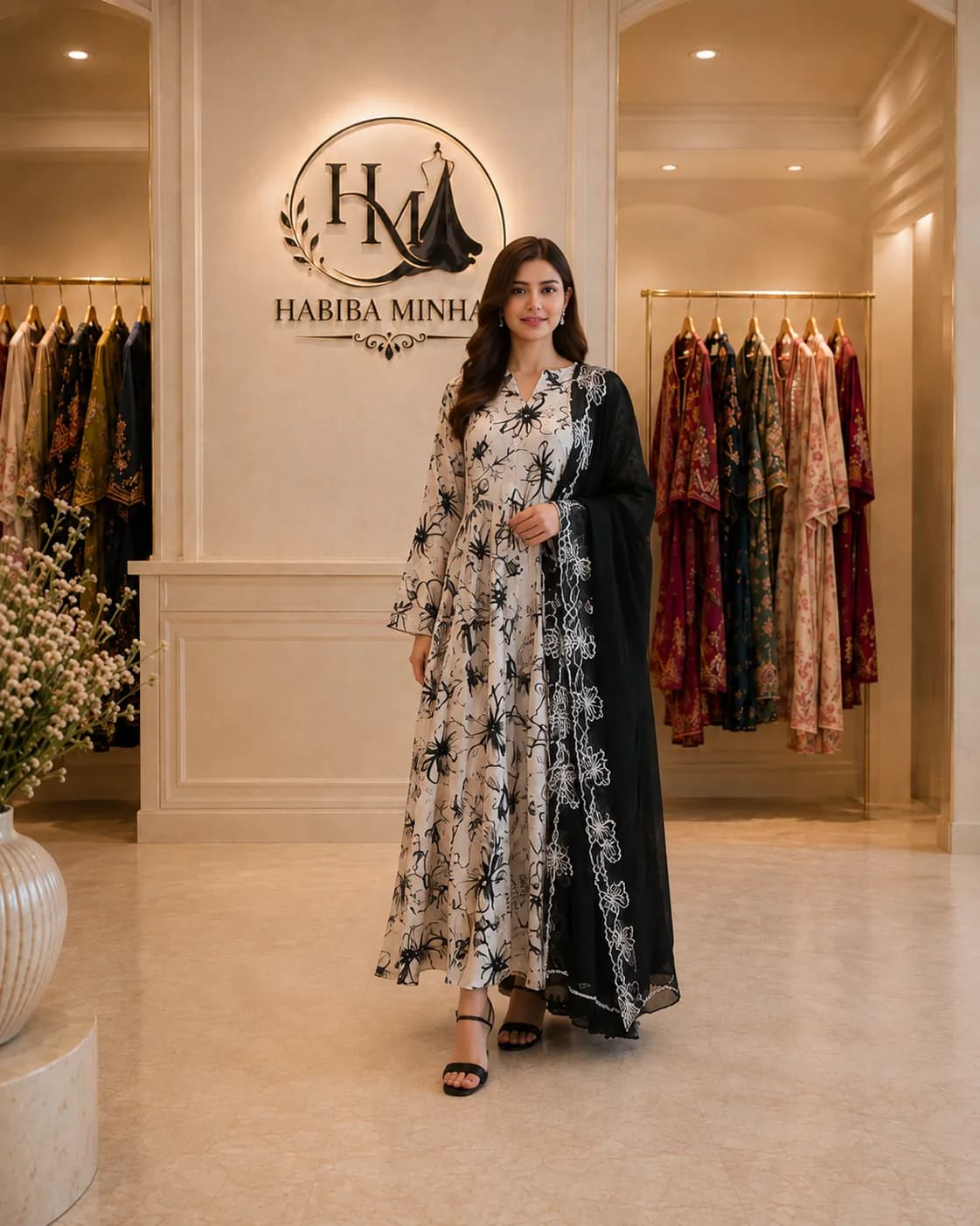 Ivory Noir – 2-Piece Chiffon Frock with Black Embroidered Net Dupatta