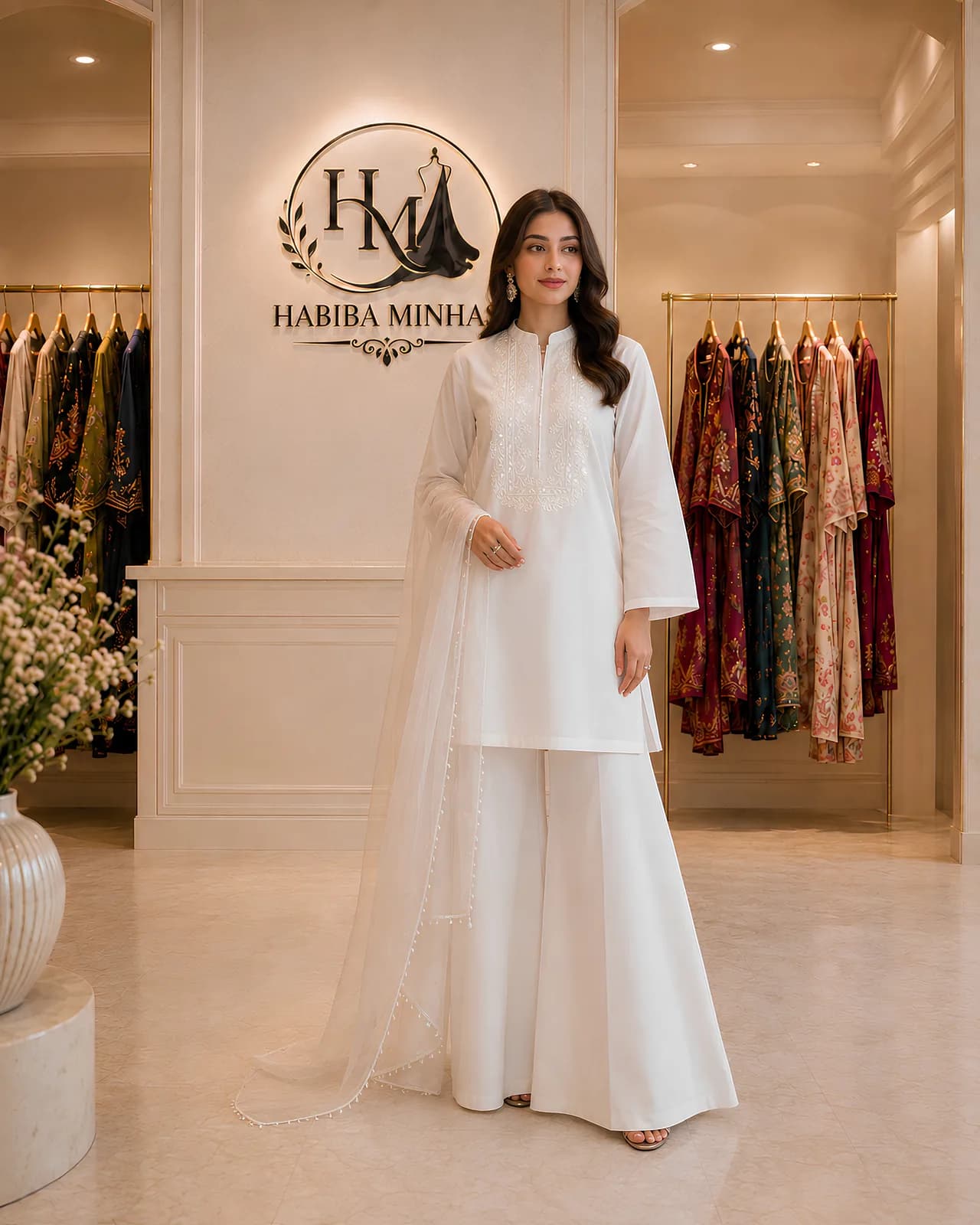 Pearl Veil – 3-Piece White Suit with Embroidered Neckline and Pearl-Edged Organza Dupatta