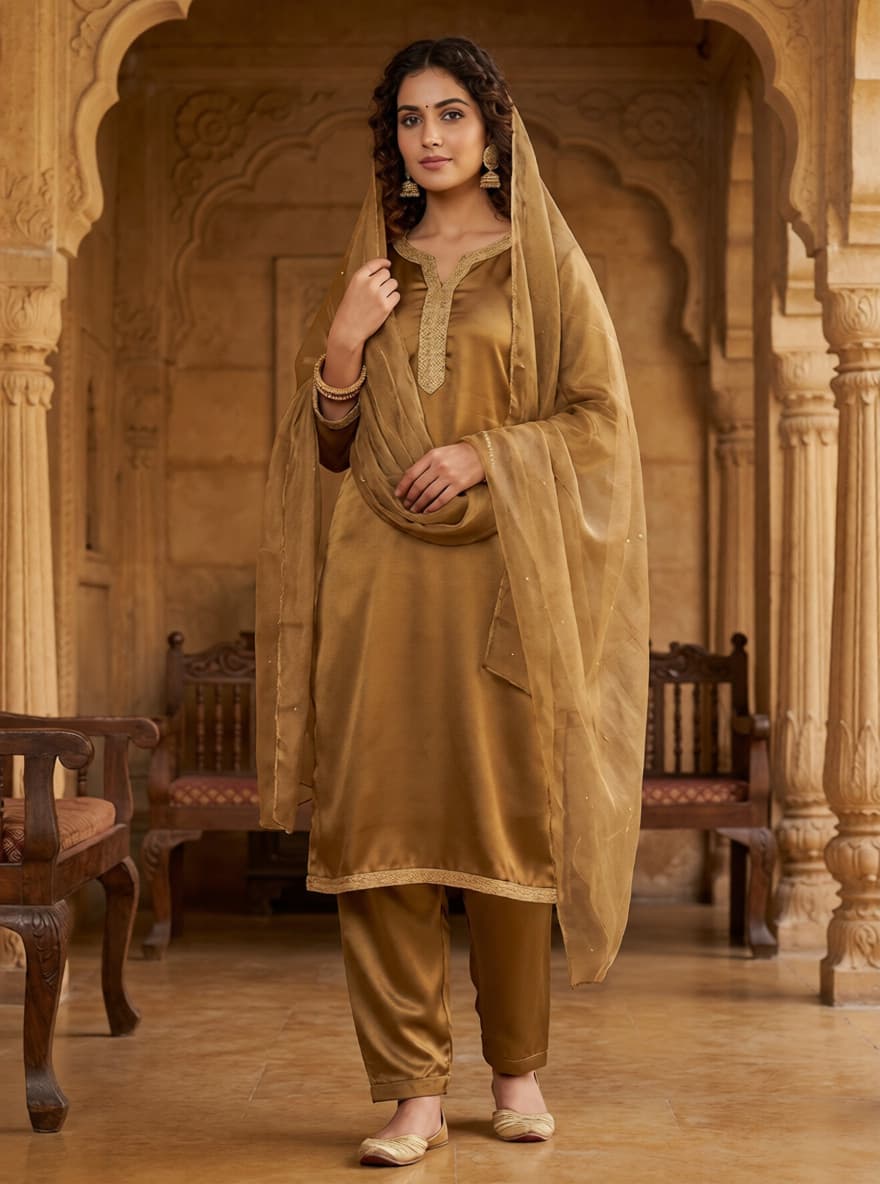 Golden Amber – 3-Piece Stitched Silk Suit with Embroidered Neckline