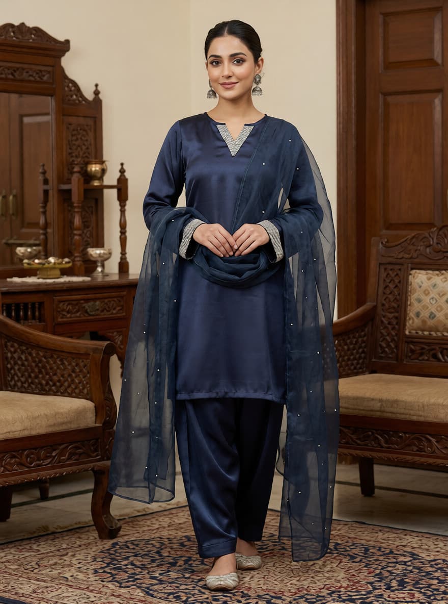 Midnight Navy – 3-Piece Stitched Silk Suit with Silver V-Neck Detail