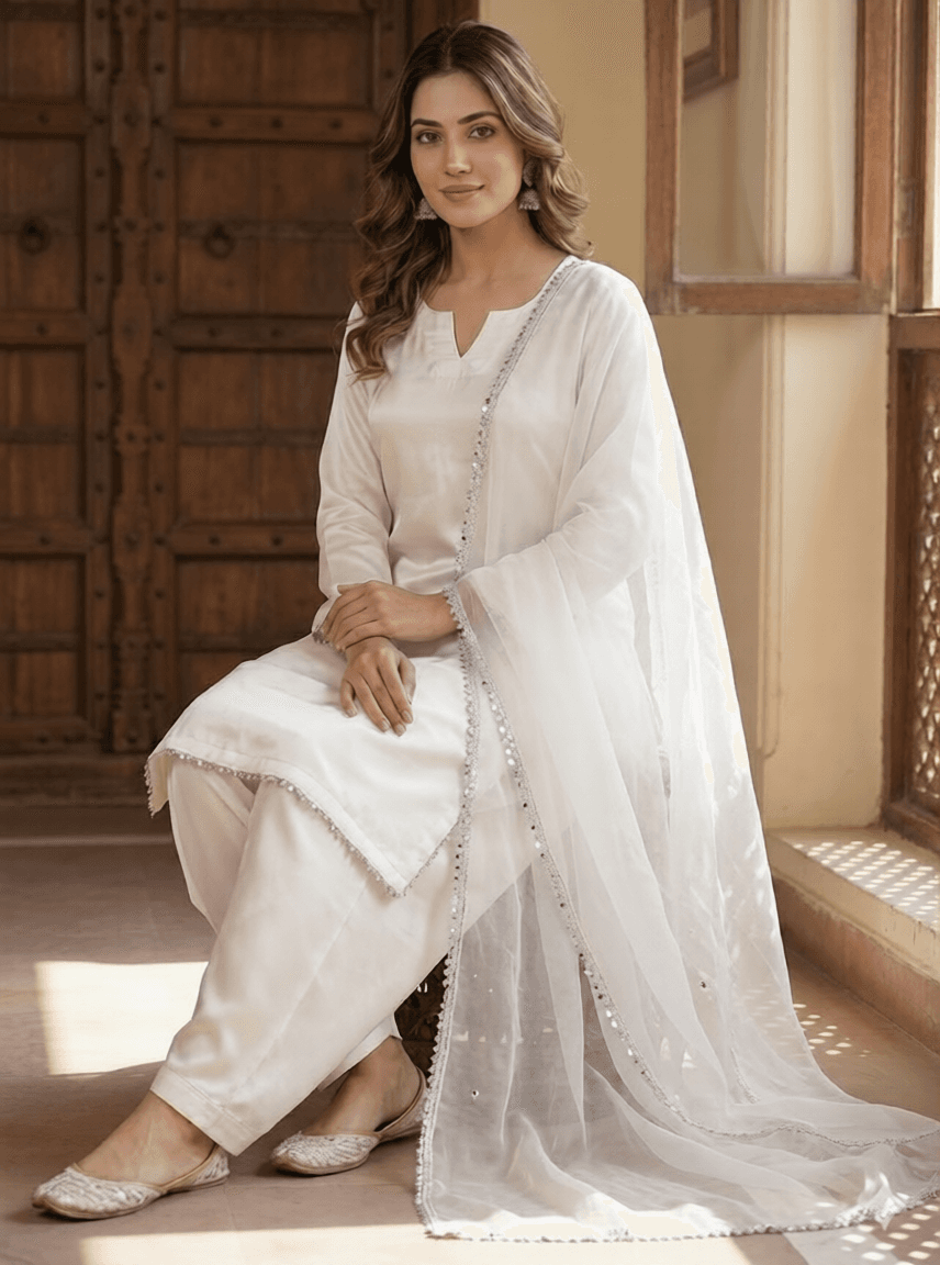 Pearl Radiance – 3-Piece Stitched Silk Suit with Silver Mirror-Work Trim
