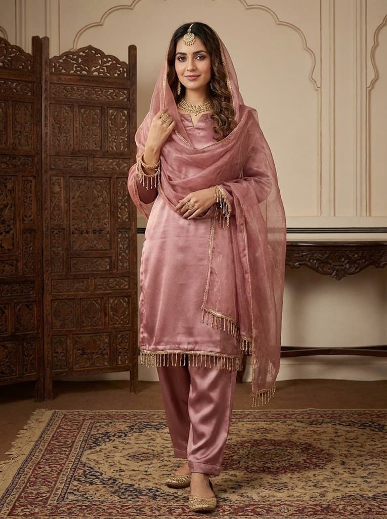Dusty Rose Elegance – 3-Piece Stitched Silk Suit with Antique Gold Gota
