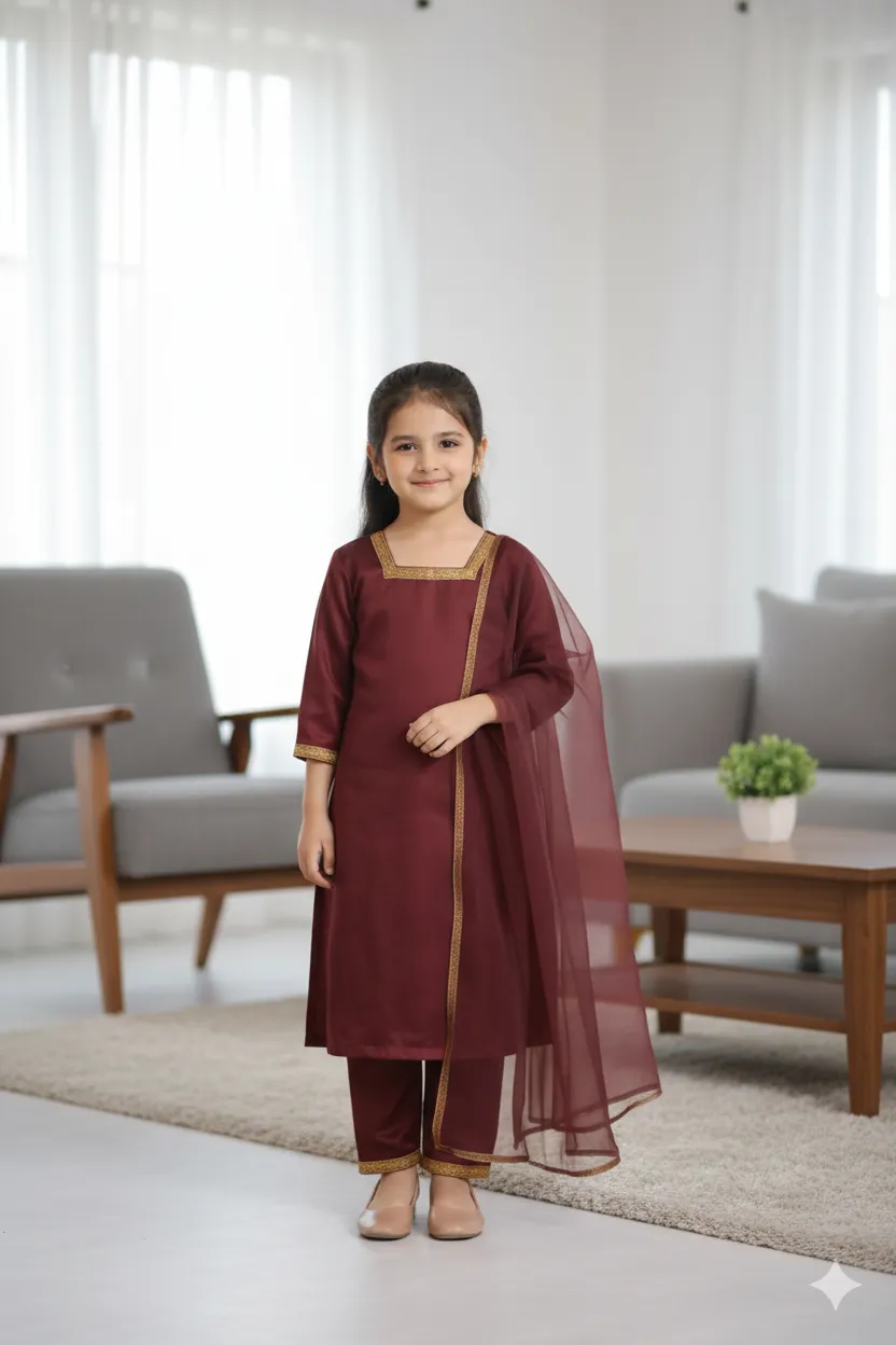 Maroon Charm – Kids' 3-Piece Stitched Silk Suit with Gold Border