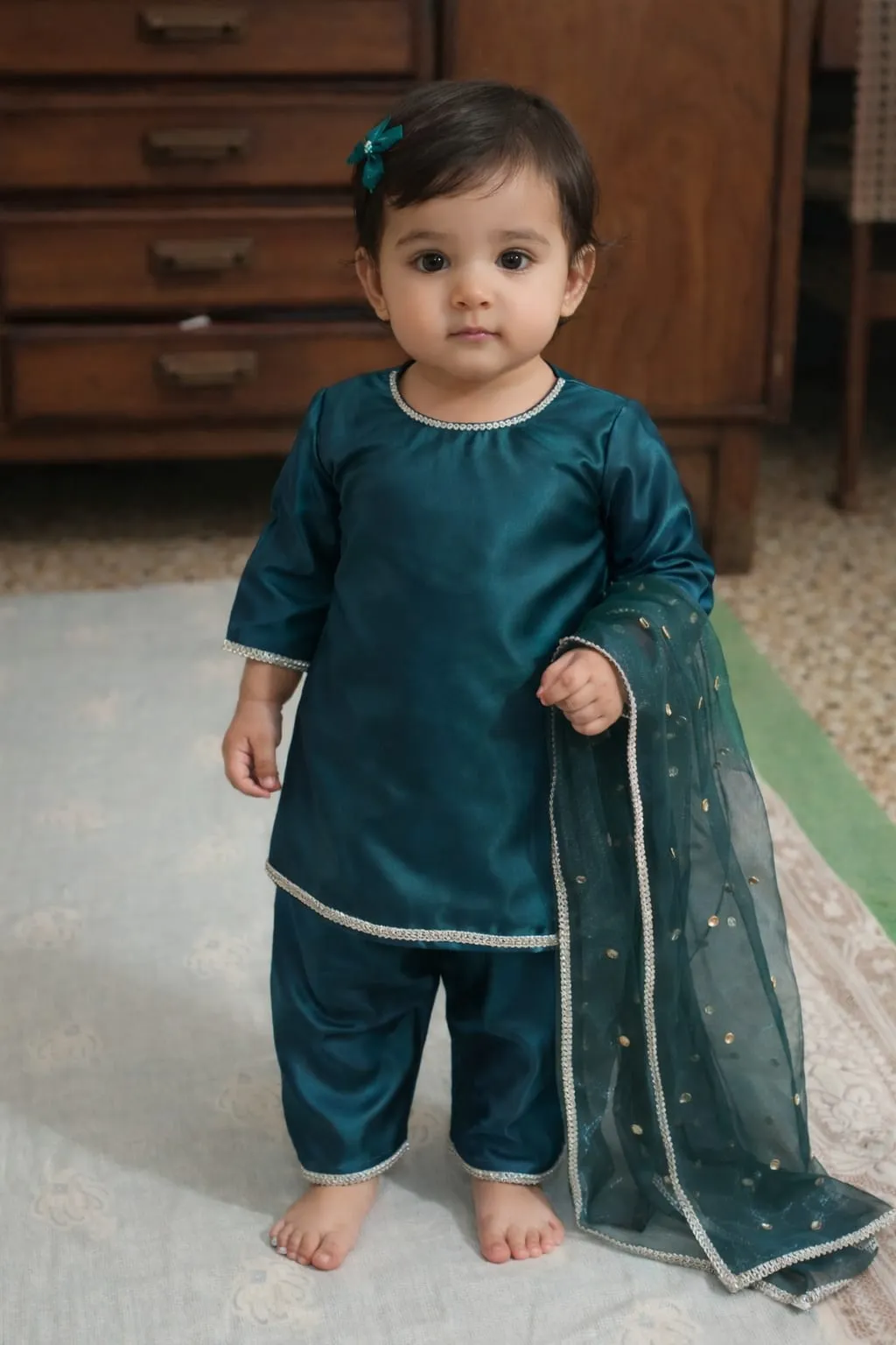 Teal Treasure – Kids' 3-Piece Stitched Silk Suit with Silver Trim