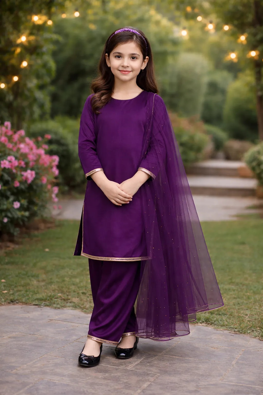 Royal Plum Kids – 3-Piece Stitched Silk Suit with Gold Lacework