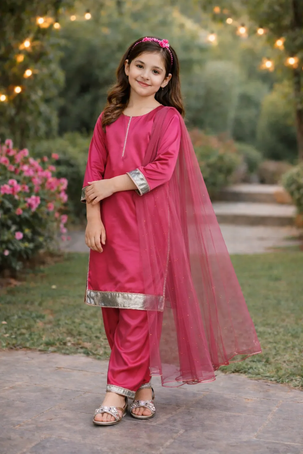 Magenta Muse – Kids' 3-Piece Stitched Silk Suit with Silver Foil Accents