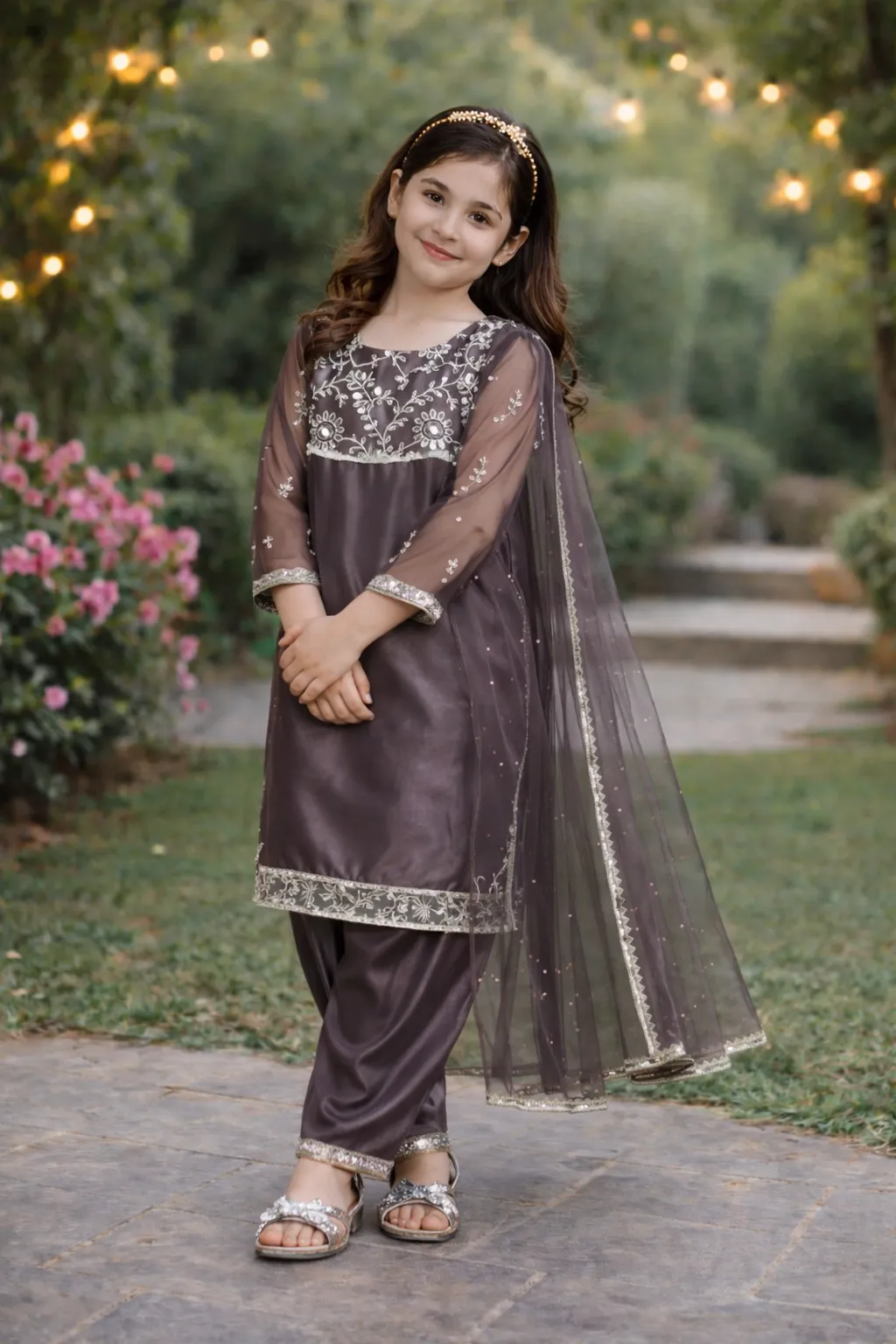 Silver Mocha – Kids' 3-Piece Stitched Silk Suit with Mirror-Work