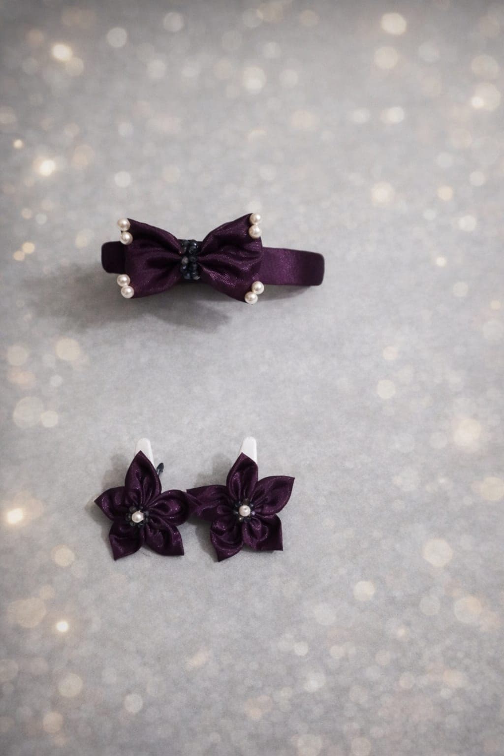 Royal Plum – 3-Piece Handcrafted Silk Headband & Floral Clip Set